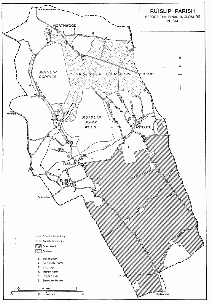 Map of the Ruislip Parish prior to the Inclosure Act from 1814. Links to Francis Frith map page.